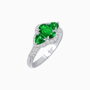 Three-Stone Oval Ring with Pear Shape Side Stones and Diamond Halo - Shahin Jewelry